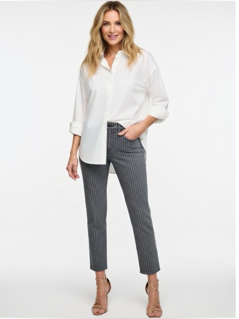 Tory Burch Blue and White Chain Link High Rise Straight Leg Denim